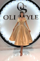 Champagne Off The Shoulder Sleeveless A-Line Satin Pleated Formal Tea Length Dress