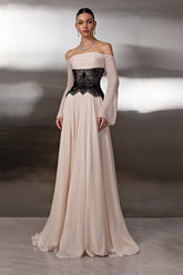 Champagne Off-the-Shoulder Long Sleeve Lace Applique A-line Floor Formal Evening Gown