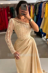 Champagne Off-the-Shoulder Long Sleeve Lace Appliqued A-Line Formal Evening Dress