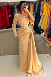 Champagne Off-the-Shoulder Long Sleeve Lace Appliqued A-Line Formal Evening Dress