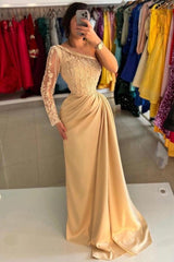 Champagne Off-the-Shoulder Long Sleeve Lace Appliqued A-Line Formal Evening Dress