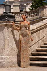 Champagne Off-the-Shoulder Long Sleeve Mermaid Lace Appliques Floor Formal Evening Dress