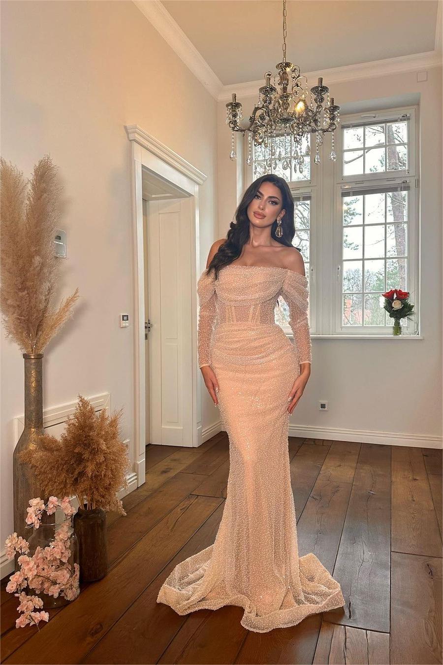 Champagne Off-the-Shoulder Long Sleeve Sequined Mermaid Floor Length Formal Evening Gown