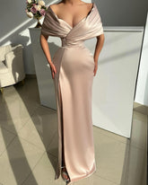 Champagne Off-the-Shoulder Pleated Sleeveless Column Satin Slit Floor Formal Evening Gown
