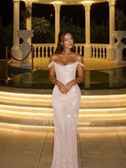 Champagne Off-the-Shoulder Sleeveless Sequined Bodycon Floor Length Formal Evening Gown