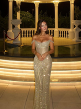 Champagne Off-the-Shoulder Sleeveless Sequined Bodycon Floor Length Formal Evening Gown