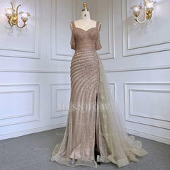 Champagne Off the Shoulder Sweetheart Beaded Sequined Mermaid Floor Length Evening Gown