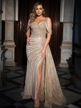 Champagne Off the Shoulder Sweetheart Beaded Sequined Mermaid Floor Length Evening Gown