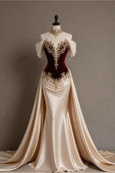 Champagne Off-the-shoulder Short Sleeve Appliques Mermaid Velvet Formal Evening Dress