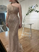 Champagne one shoulder beaded mermaid evening dress