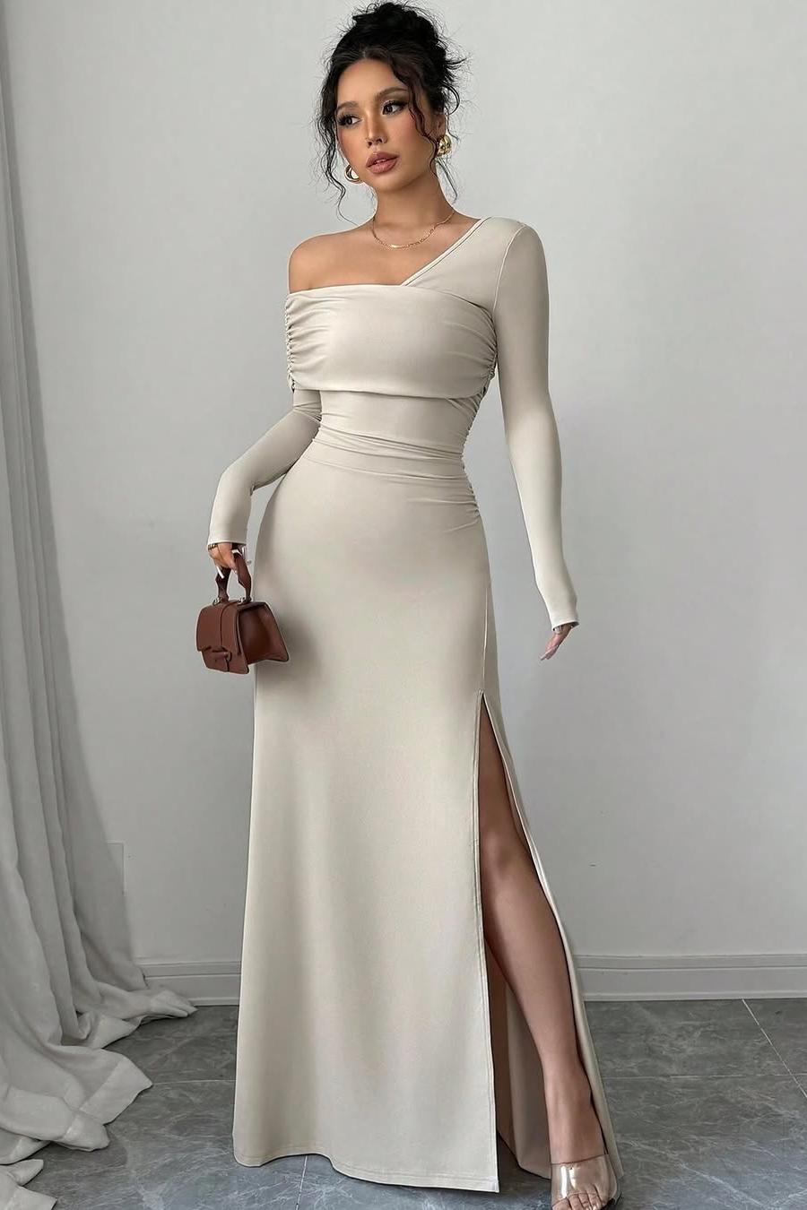 Champagne One Shoulder Long Sleeve Bodycon Satin Pleated Split Floor Formal Evening Dress