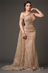 Gold one shoulder beaded mermaid evening dress