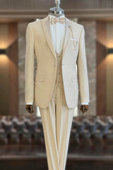 Champagne Peak Lapel Three-Piece Men's Wedding Ensemble