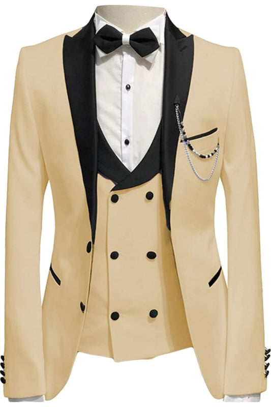 Champagne Peaked Lapel Three-Piece Snug Fit Prom Suit