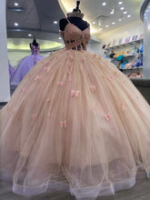 Champagne Pink Spaghetti Straps Sleeveless Beaded Applique Bow Ball Gown Quinceanera Dress