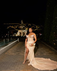 Champagne Plus Size Mermaid Prom Dress Strapless Sweetheart 3D White Feather Floral Applique Shoulder Sheer Illusion Boned Corset Heavy Champagne Gold Beading Sequin Rhinestone High Split Cathedral Train Gown