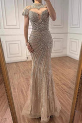 Champagne Rhinestone High Neck Cap Sleeve Beaded Mermaid Evening Dress Floor Length