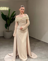 Champagne Rhinestone Off-the-Shoulder Long Sleeve Mermaid Satin Beaded Formal Evening Gown