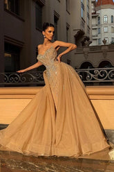 Champagne Rhinestone Strapless Sweetheart Beaded Mermaid Floor Length Formal Evening Gown