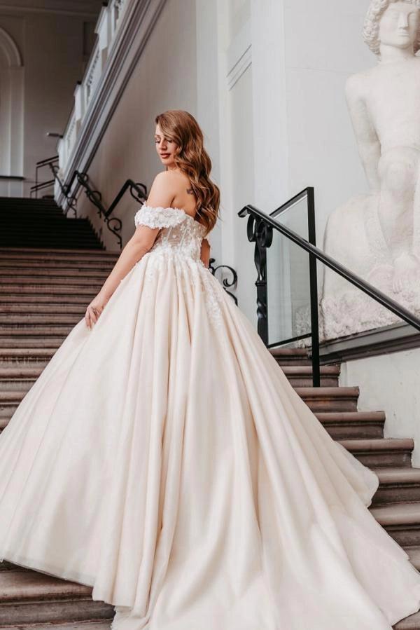 Champagne Satin Ball Gown Wedding Dress Off-the-Shoulder 3D Floral Lace Cap Sleeve Fully 3D Flower Applique Corset Bodice Voluminous Skirt Cathedral Train Bridal Gown