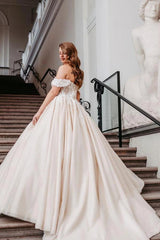 Champagne Satin Ball Gown Wedding Dress Off-the-Shoulder 3D Floral Lace Cap Sleeve Fully 3D Flower Applique Corset Bodice Voluminous Skirt Cathedral Train Bridal Gown