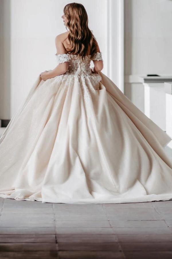 Champagne Satin Ball Gown Wedding Dress Off-the-Shoulder 3D Floral Lace Cap Sleeve Fully 3D Flower Applique Corset Bodice Voluminous Skirt Cathedral Train Bridal Gown