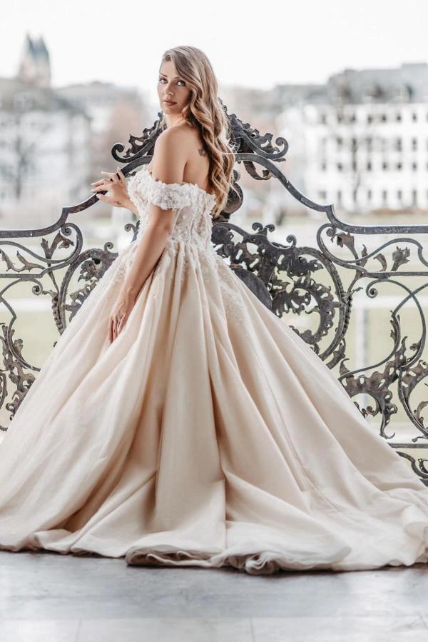 Champagne Satin Ball Gown Wedding Dress Off-the-Shoulder 3D Floral Lace Cap Sleeve Fully 3D Flower Applique Corset Bodice Voluminous Skirt Cathedral Train Bridal Gown