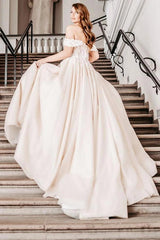 Champagne Satin Ball Gown Wedding Dress Off-the-Shoulder 3D Floral Lace Cap Sleeve Fully 3D Flower Applique Corset Bodice Voluminous Skirt Cathedral Train Bridal Gown