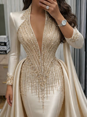 Champagne Plunging V-Neck Long Sleeve rhinestone Chain Beading Mermaid Formal Evening Gown