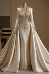 Champagne Plunging V-Neck Long Sleeve rhinestone Chain Beading Mermaid Formal Evening Gown