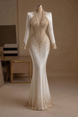 Champagne Plunging V-Neck Long Sleeve rhinestone Chain Beading Mermaid Formal Evening Gown