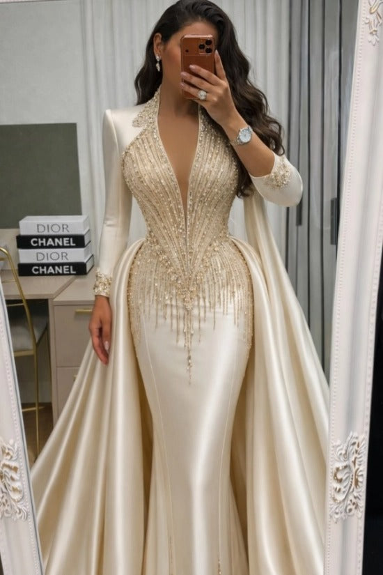 Champagne Satin Mermaid Evening Dress Deep V-Neck Long Sleeve Crystal Chain Beading Corset Detachable Overskirt Formal Gown