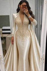 Champagne Satin Mermaid Evening Dress Deep V-Neck Long Sleeve Crystal Chain Beading Corset Detachable Overskirt Formal Gown