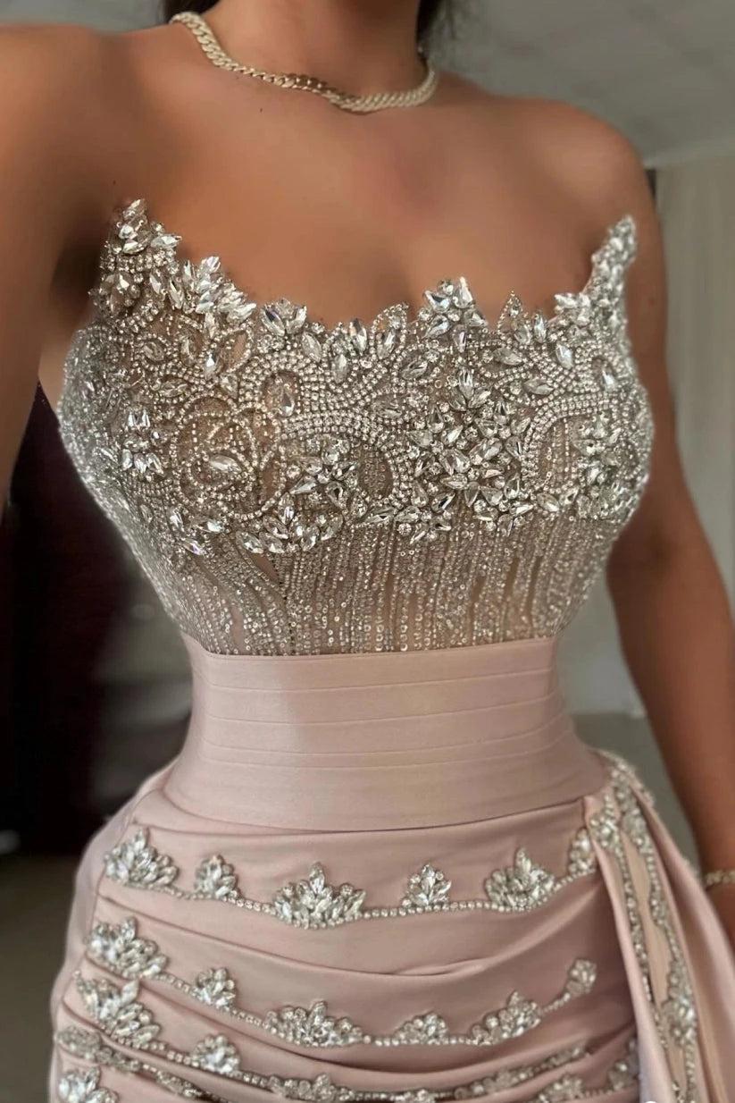Champagne Satin Mermaid Evening Gown Strapless Illusion Crystal Beaded Bodice Tassel Fringe Draped Waist High Slit Cathedral Train