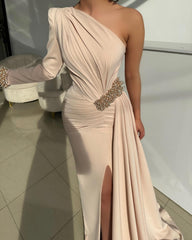 Champagne Satin Mermaid Formal Dress One Shoulder Long Sleeve Ruched Beaded Split Sweep Train Evening Gown
