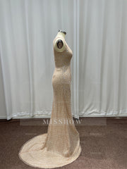 Champagne Scoop Sequined Column Long Evening Dresses with Sweep Train
