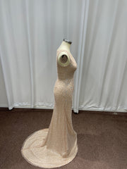 Champagne Scoop Sequined Column Long Evening Dresses with Sweep Train