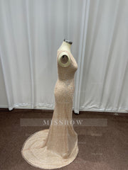 Champagne Scoop Sequined Column Long Evening Dresses with Sweep Train