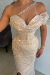 Champagne Sequin Pearl Mermaid Evening Dress Off-the-Shoulder Sweetheart Draped Neckline Crystal Chain One-Shoulder Strap Allover Sequin Pearl Bodice Metal Corset Waist Thigh-High Slit Formal Gown