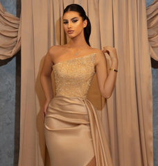 Champagne Sexy Long Sleeveless Glitter Mermaid Prom Evening Dresses