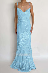 Light blue spaghetti straps applique mermaid evening dress