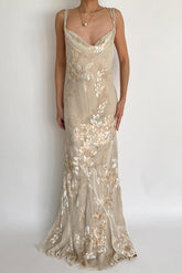 Champagne Spaghetti Straps Floral Appliques Mermaid Tulle Floor Formal Evening Dress