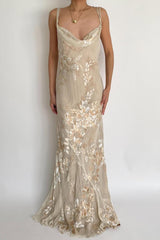 Champagne spaghetti straps applique mermaid evening dress