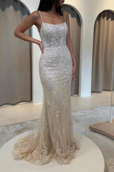 Champagne Spaghetti Straps Lace Appliqued Mermaid Sleeveless Floor Length Evening Gown