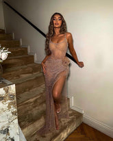 Champagne spaghetti straps beaded mermaid evening dress