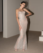 Champagne Spaghetti Straps Sleeveless Beaded Sequined Mermaid Tulle Floor Length Evening Gown