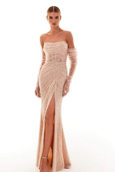 Champagne Strapless Long Sleeve Sequined Bodycon Floor Length Formal Evening Gown