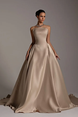 Champagne Strapless Sleeveless A-Line Pleated Satin Floor Length Formal Evening Gown