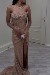 Champagne strapless beaded mermaid evening dress