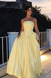 Champagne Strapless Sleeveless Pleated Satin Ball Gown Floor Length Formal Evening Dress